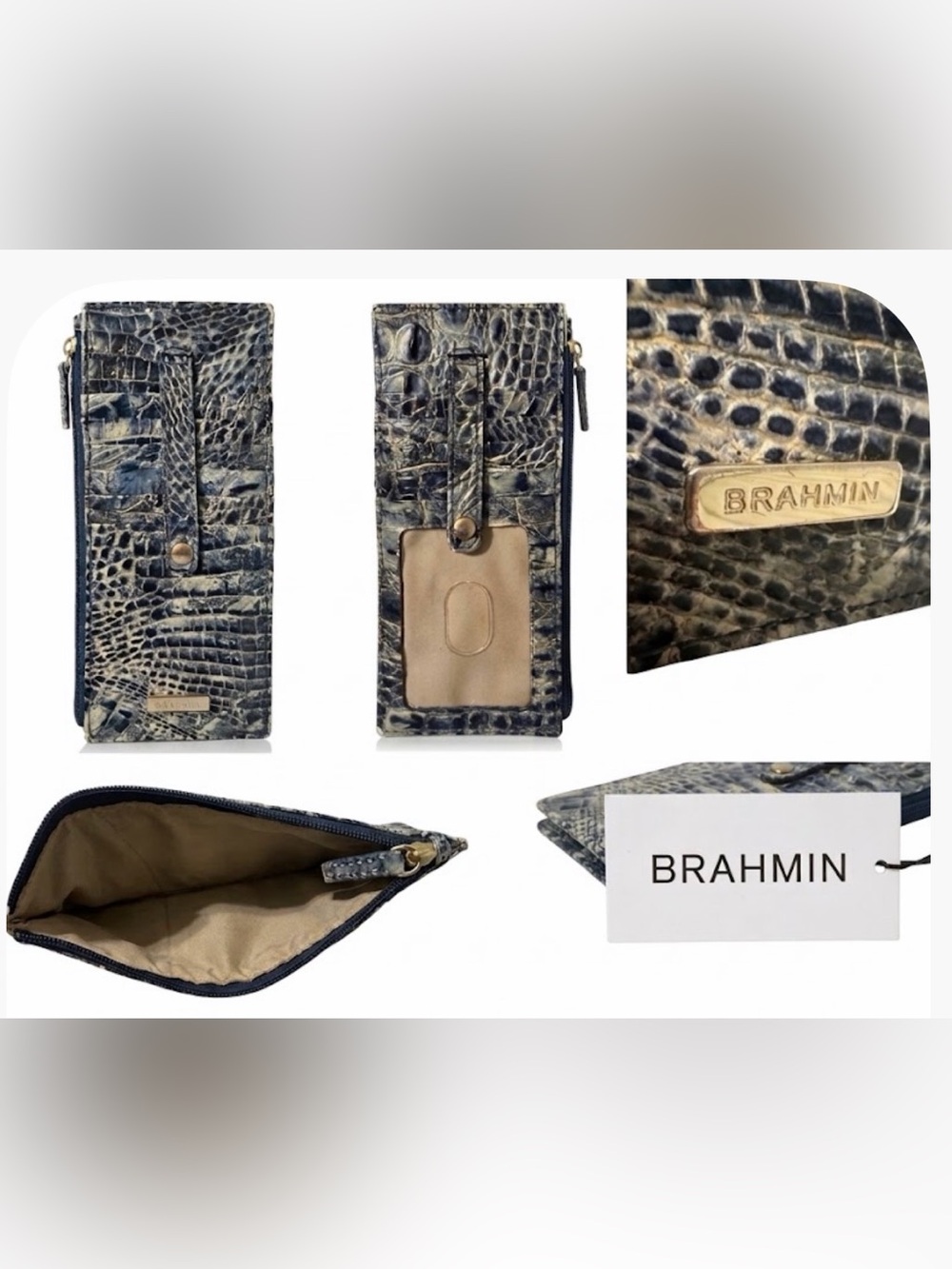 Brahmin Croc Embossed Leather Slim Credit Card Case Zip Wallet Navy Cream